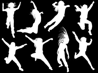 eight jumping girl silhouettes collection on black