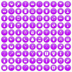 100 woman icons set in purple circle isolated on white vector illustration