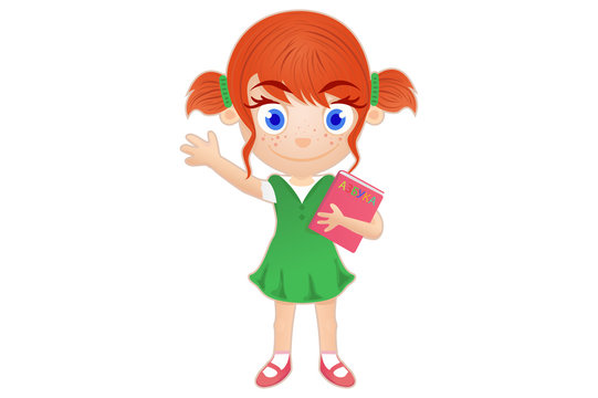 beautiful cartoon girl, in a green dress and with a book in her hands