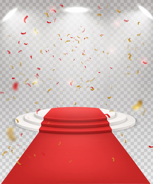 Abstract festive background with 3d three-step podium and red ca