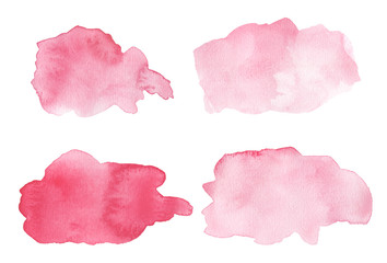 Set of watercolor pink splashes. Grunge splatters, blobs. Hand painted backgrounds.