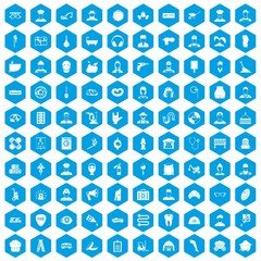 Fototapeta na wymiar 100 different professions icons set in blue hexagon isolated vector illustration