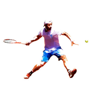Tennis player low poly vector illustration. Isolated adult man in white shirt and blue shorts playing tennis. Individual summer sport. Active people