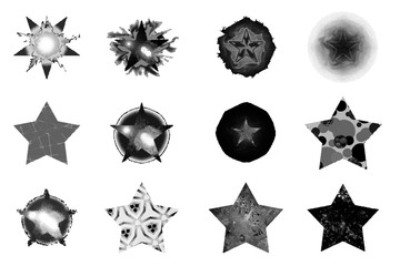 Dessin d'étoiles sous différentes formes graphiques en niveaux de gris