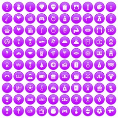 100 premium icons set in purple circle isolated vector illustration