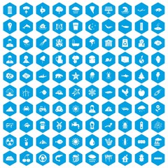 100 earth icons set in blue hexagon isolated vector illustration