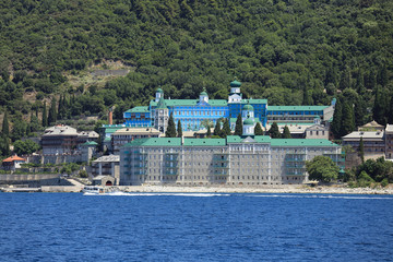 View of the Russian monastery of St. Panteleimon on the coast of the Peninsula of Athos