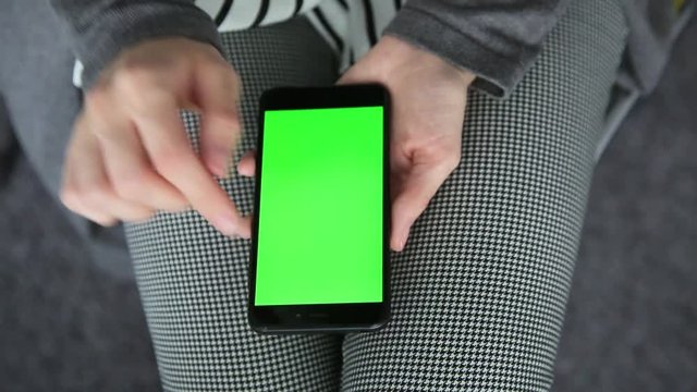Business woman using a Smart phone Touchscreen CHROMA KEY- Close-up.
