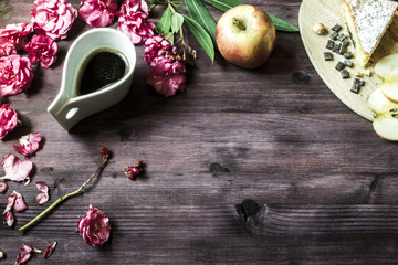 coffe time with esppresso, cake and apple