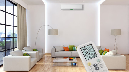 Modern interior apartment with air conditioning and remote control 3D rendering illustration