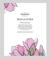 Vintage wedding template with magnolia. Wedding invitation, save the date, reception card. Wedding concept. Floral poster, invite.