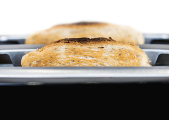 two slices of fried toast sticking out of toaster isolated on white background 