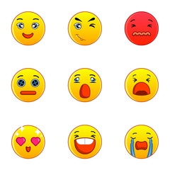 Emoticons or smileys icons set. Flat set of 9 emoticons or smileys vector icons for web isolated on white background