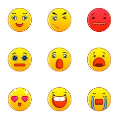 Emoticons or smileys icons set. Flat set of 9 emoticons or smileys vector icons for web isolated on white background