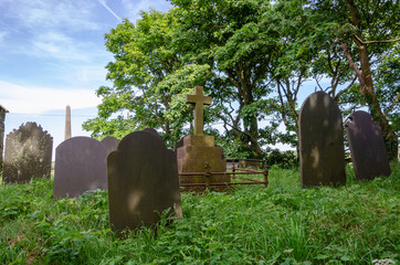 Slate gravestones in a Welsh grave yard
