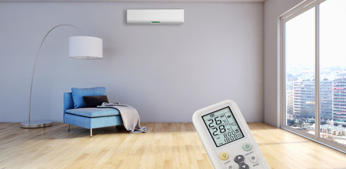 Modern interior apartment with air conditioning and remote control 3D rendering illustration