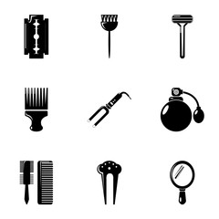 Hairdresser tools icons set. Simple set of 9 hairdresser tools vector icons for web isolated on white background