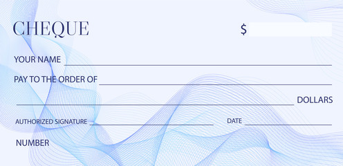 Cheque (Check template), Chequebook template. Blank bank cheque with guilloche pattern and business abstract watermark. Background for banknote design, Voucher, Gift certificate, Coupon, ticket, money