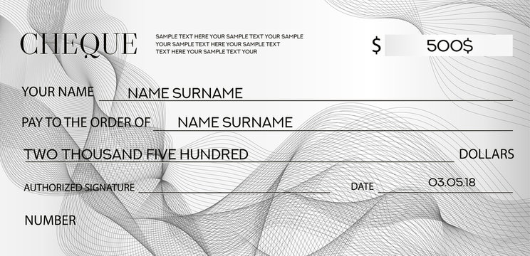 Cheque (Check template), Chequebook template. Blank bank cheque with guilloche pattern and business abstract watermark. Background for banknote design, Voucher, Gift certificate, Coupon, ticket, money