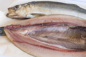 Manx Kippers or skeddan jiarg naturally smoked herrings produced in the Isle of Man