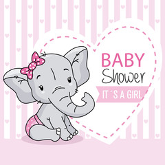 baby girl arrival card. cute baby elephant.