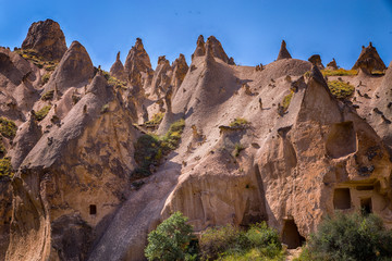 Red valley at Cappadocia, Anatolia, Turkey. Volcanic mountains in