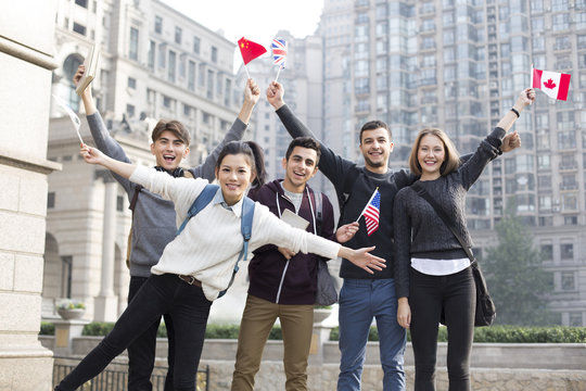 Cheerful abroad students on campus