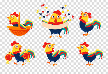 Flat vector set of colorful roosters. Farm bird with bright feathers. Domestic fowl. Elements for postcard or advertising poster