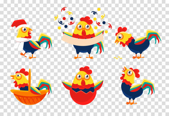 Set of 6 bright-colored roosters. Symbol of Chinese New Year. Decorative flat vector elements for poster, banner or greeting card