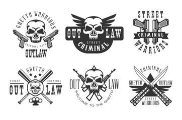 Vector set of original emblems related to criminal life. Monochrome labels with skulls, guns, crossed baseball bats and knives - obrazy, fototapety, plakaty