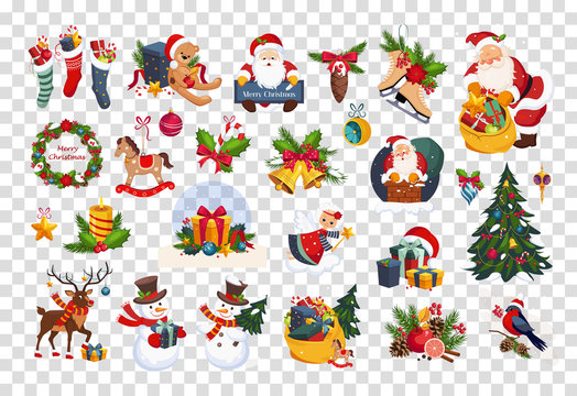 Flat vector set of colorful items related to Christmas and New Year theme. Santa Claus, toys, gifts and tree. Elements for greeting cards
