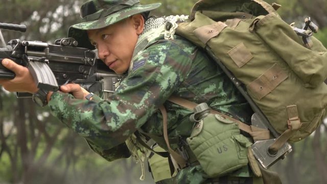 Soldier holding gun weapon and waring armor uniform. The military is responsible for maintaining the territory.