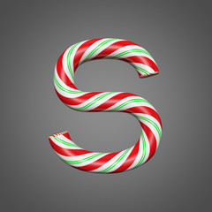 Festive alphabet letter S uppercase. Christmas font made of mint striped candy canes. 3D render on gray background.