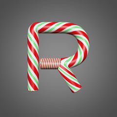 Festive alphabet letter R uppercase. Christmas font made of mint striped candy canes. 3D render on gray background.