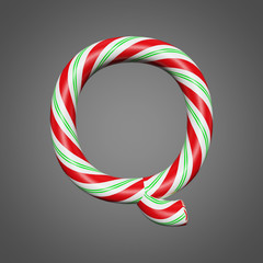 Festive alphabet letter Q uppercase. Christmas font made of mint striped candy canes. 3D render on gray background.