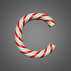 Festive alphabet letter C uppercase. Christmas font made of mint striped candy canes. 3D render on gray background.