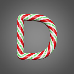 Festive alphabet letter D uppercase. Christmas font made of mint striped candy canes. 3D render on gray background.