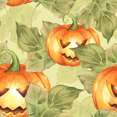 Seamless pattern with Halloween pumpkins 2. Watercolor background