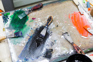 Art design creative studio detail of tools and color paints