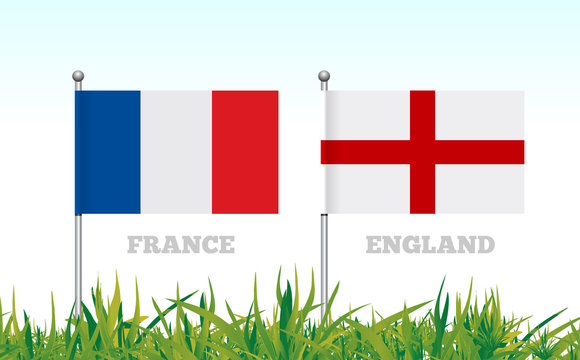 Flags of France and England against the backdrop of grass football stadium. Vector