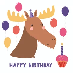 Keuken spatwand met foto Hand drawn birthday card with cute funny moose in a party hat, ballopns, cupcake, quote Happy birthday. Isolated objects. Scandinavian style flat design. Vector illustration. Concept for kids print. © Maria Skrigan