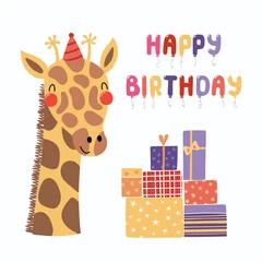 Zelfklevend Fotobehang Hand drawn birthday card with cute funny giraffe in a party hat, presents, balloons quote Happy birthday. Isolated objects. Scandinavian style flat design. Vector illustration. Concept for kids print. © Maria Skrigan