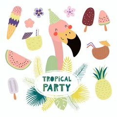 Zelfklevend Fotobehang Hand drawn vector illustration of a cute funny flamingo in a party hat, with fruit, ice cream, cocktails, quote Tropical party. Isolated objects. Scandinavian style flat design. Concept invitation. © Maria Skrigan