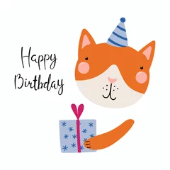 Zelfklevend Fotobehang Hand drawn birthday card with cute funny cat in a party hat, present, quote Happy birthday. Isolated objects. Scandinavian style flat design. Vector illustration. Concept for kids print. © Maria Skrigan