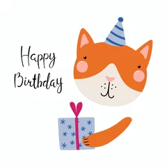 Fototapete Abbildungen Hand drawn birthday card with cute funny cat in a party hat, present, quote Happy birthday. Isolated objects. Scandinavian style flat design. Vector illustration. Concept for kids print.  © Maria Skrigan