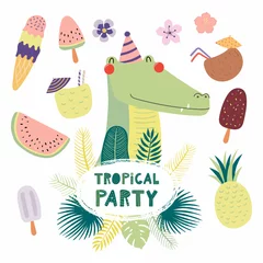 Foto op Aluminium Hand drawn vector illustration of a cute funny crocodile in a party hat, with fruit, ice cream, cocktails, quote Tropical party. Isolated objects. Scandinavian style flat design. Concept invitation. © Maria Skrigan
