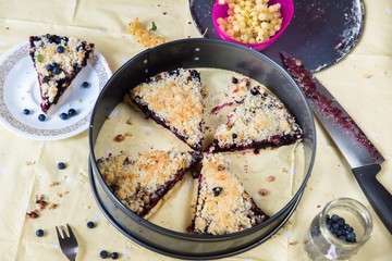Bluberry and currant cake in food arrangement,