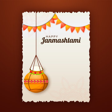 Happy Janmashtami celebration greeting card design on brown background with hanging golden pot and bunting flag illustration.