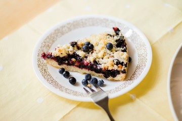 Blueberry and currant cake on plate on yellow background.