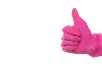 Hand in cleaning gloves showing thumb up.